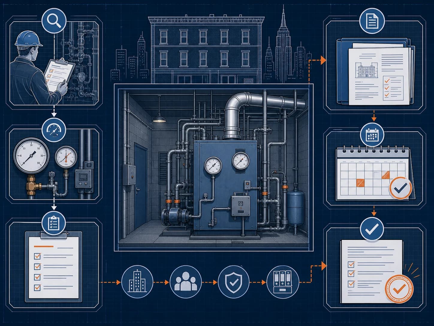 Technical blueprint illustration of an NYC boiler room, inspection gauges, annual filing documents, and compliance checklist