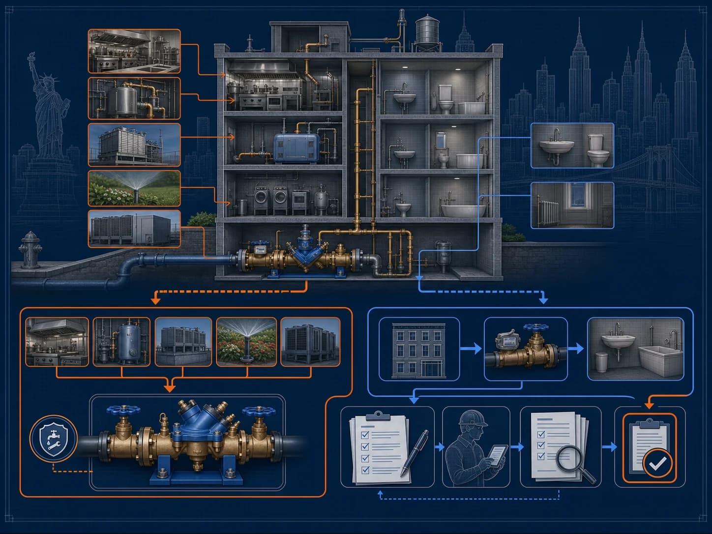 Technical blueprint showing an NYC building screened for cross-connection risks and the one-domestic-line residential exemption path