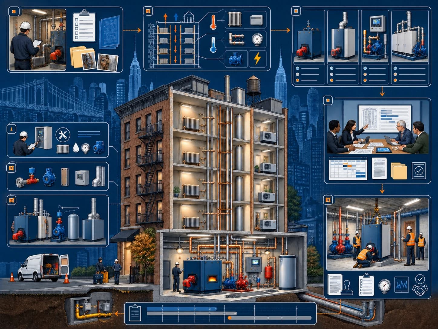 Technical blueprint of an NYC multifamily building moving from a heating-plant condition survey through option comparison, board approval, construction, commissioning, and closeout