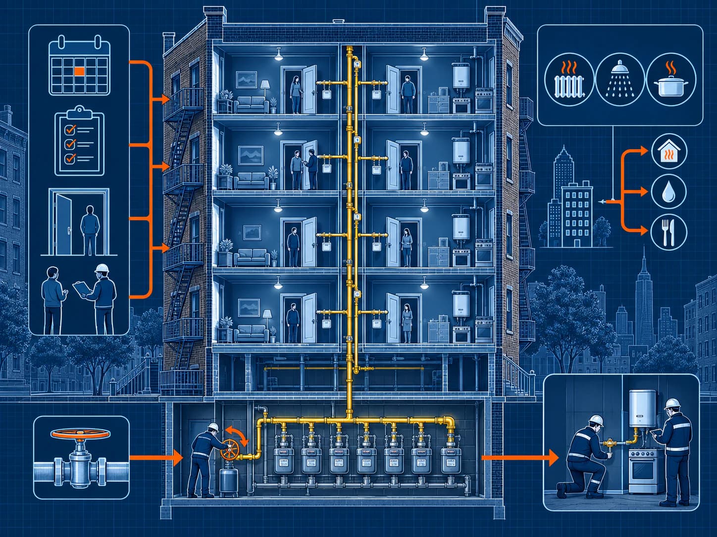 Technical blueprint of a NYC multifamily building coordinating a gas shutoff, apartment access, temporary essential services, and utility restoration