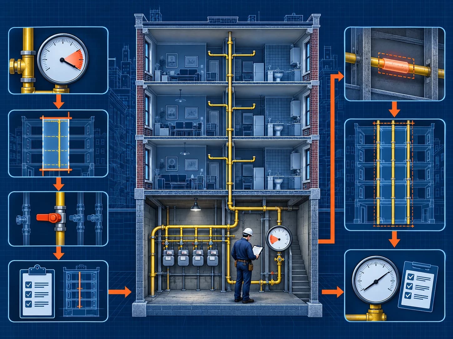 Technical blueprint of an NYC multifamily gas system moving from a failed pressure test through sectional diagnosis, repair scope, retesting, and documentation