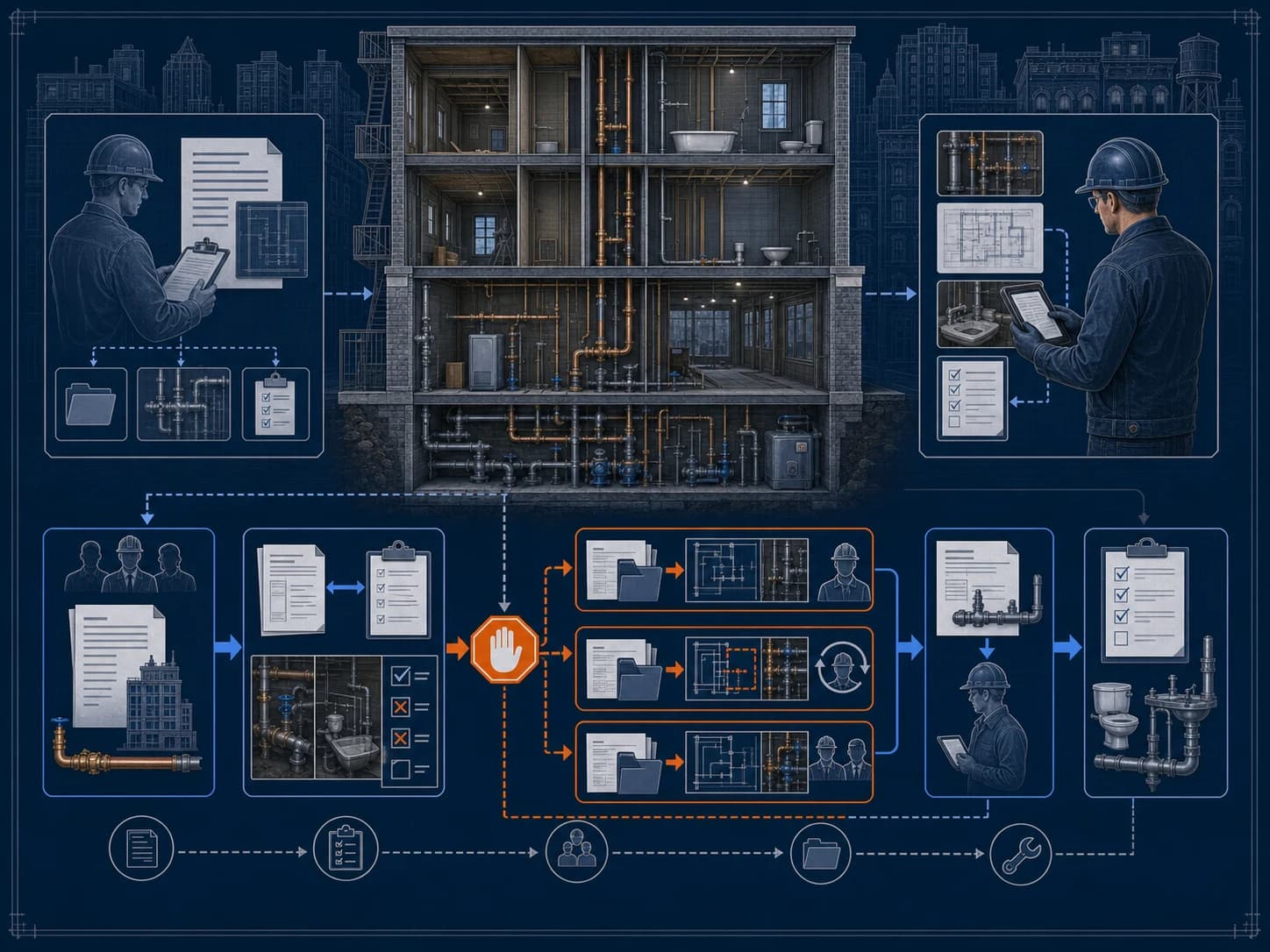 Technical blueprint of an incoming NYC Licensed Master Plumber inspecting unfinished work and routing an open plumbing job through the correct DOB record change