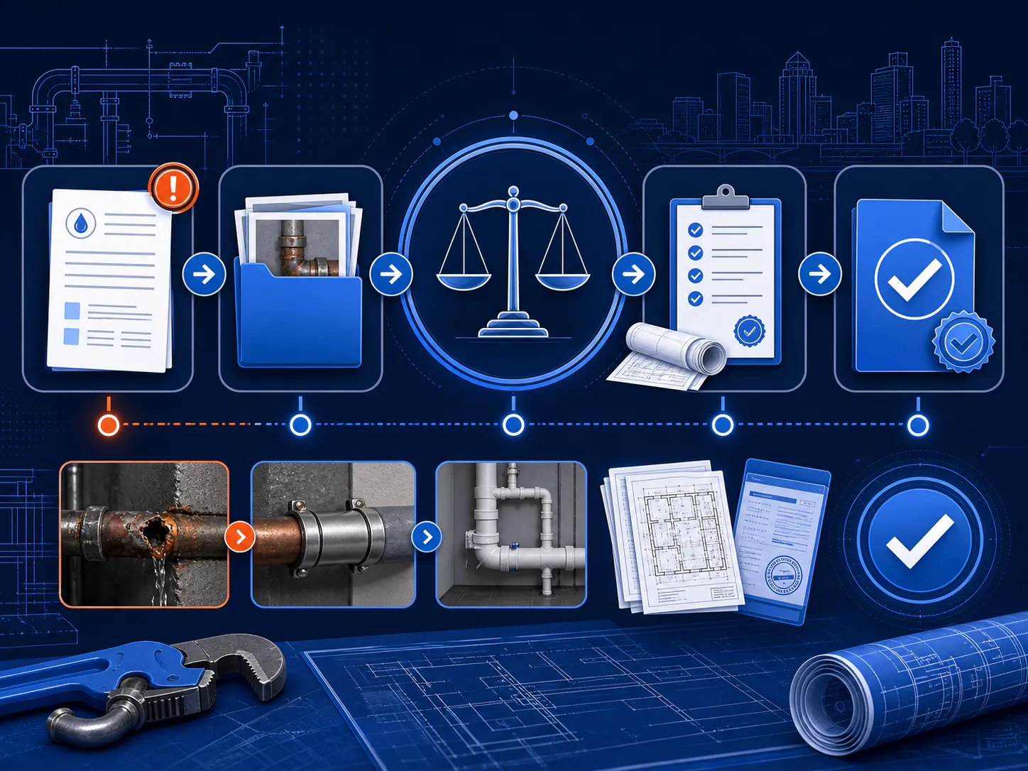 Technical illustration of an OATH plumbing summons moving through evidence, hearing preparation, and closeout