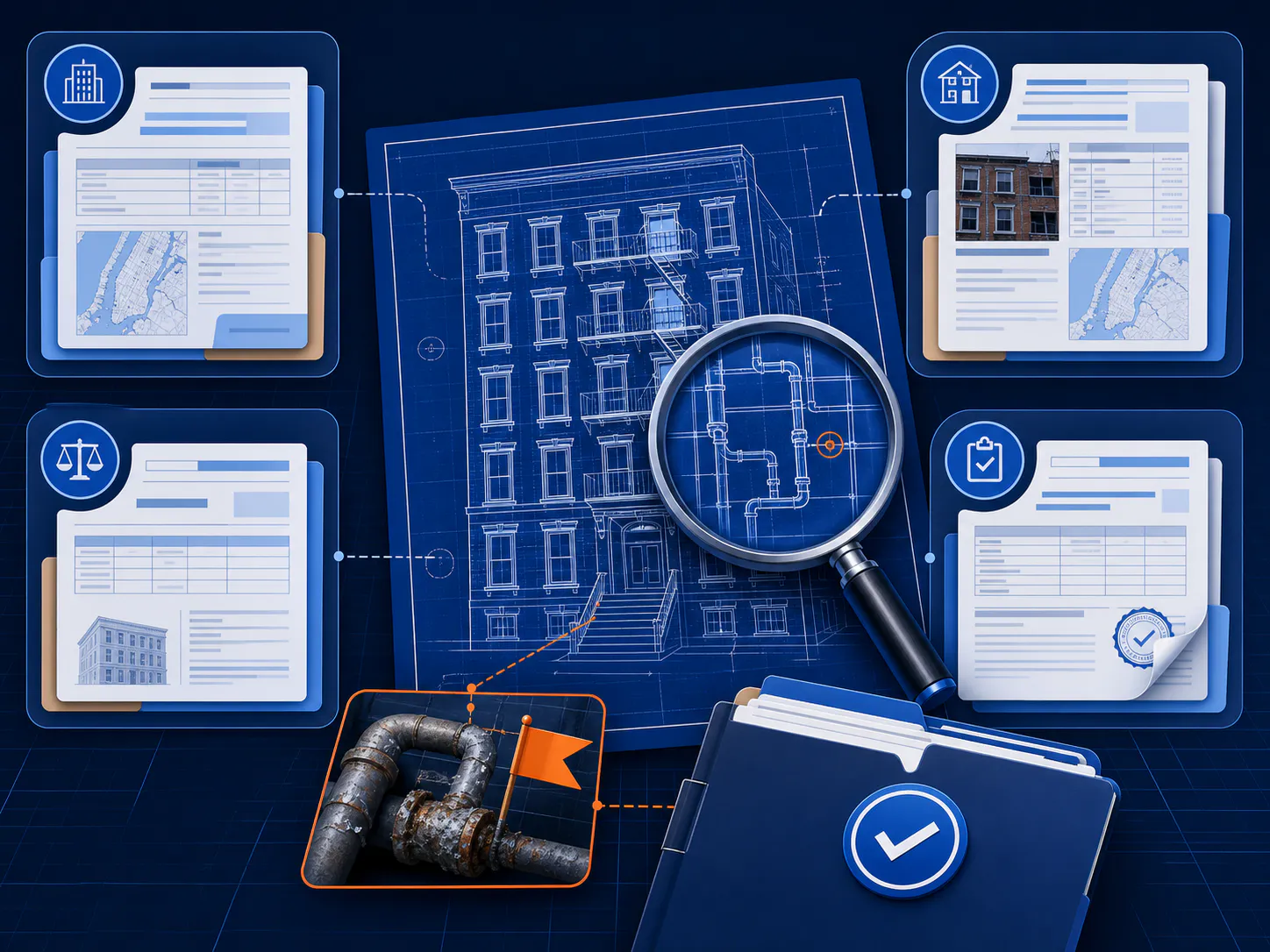 Technical illustration of an NYC building record search identifying a flagged plumbing condition before closing