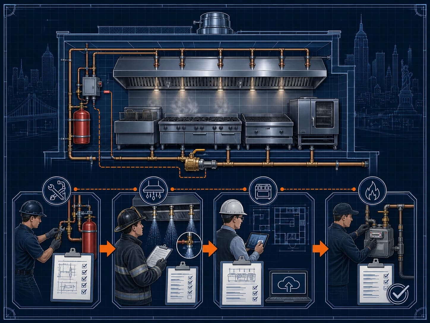 Technical blueprint of an NYC restaurant cooking line moving through licensed installation, FDNY acceptance, DOB gas authorization, and utility startup