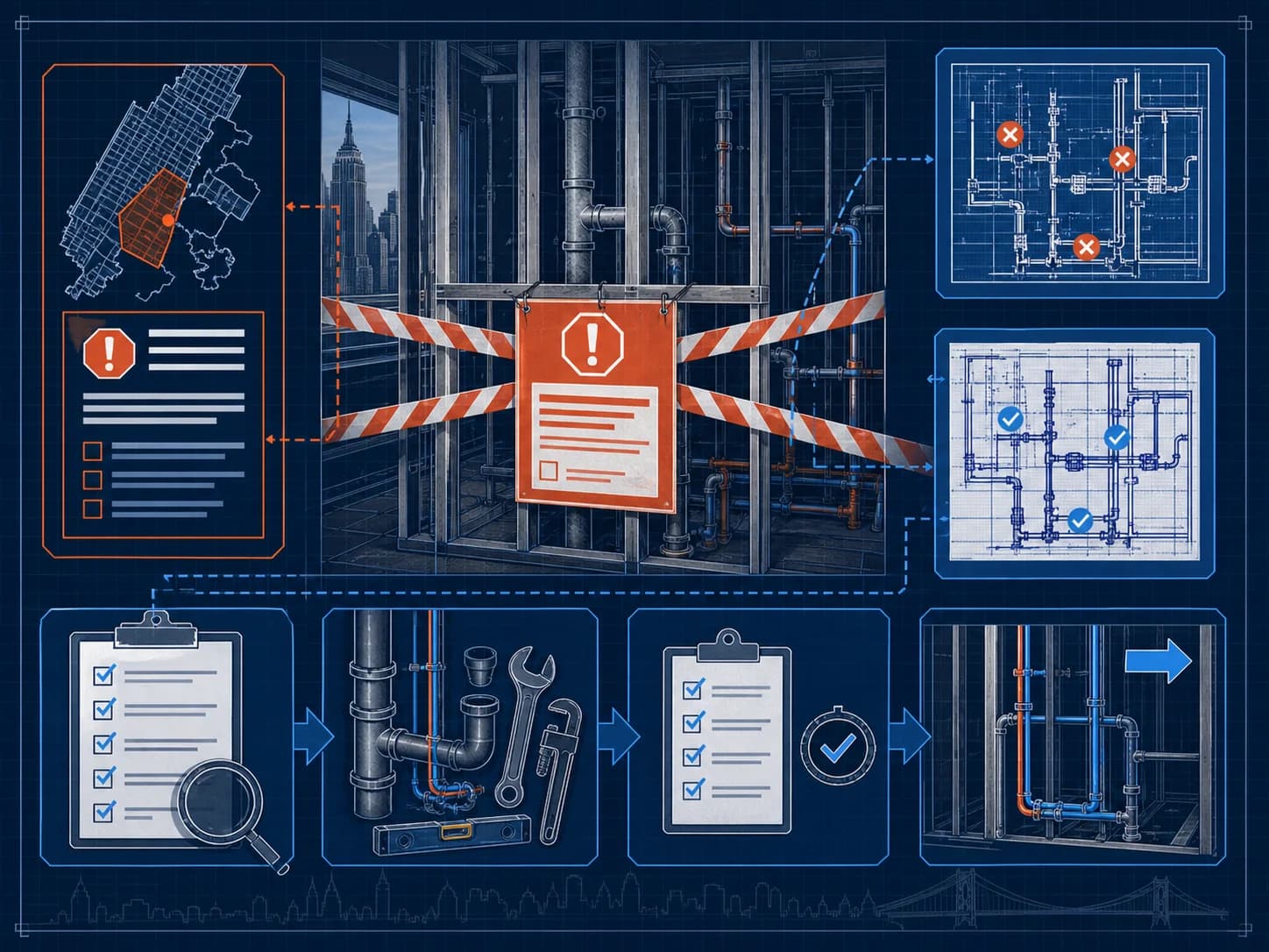 Technical blueprint illustration of a plumbing stop work order, halted rough-in, permit drawings, correction steps, and inspection closeout