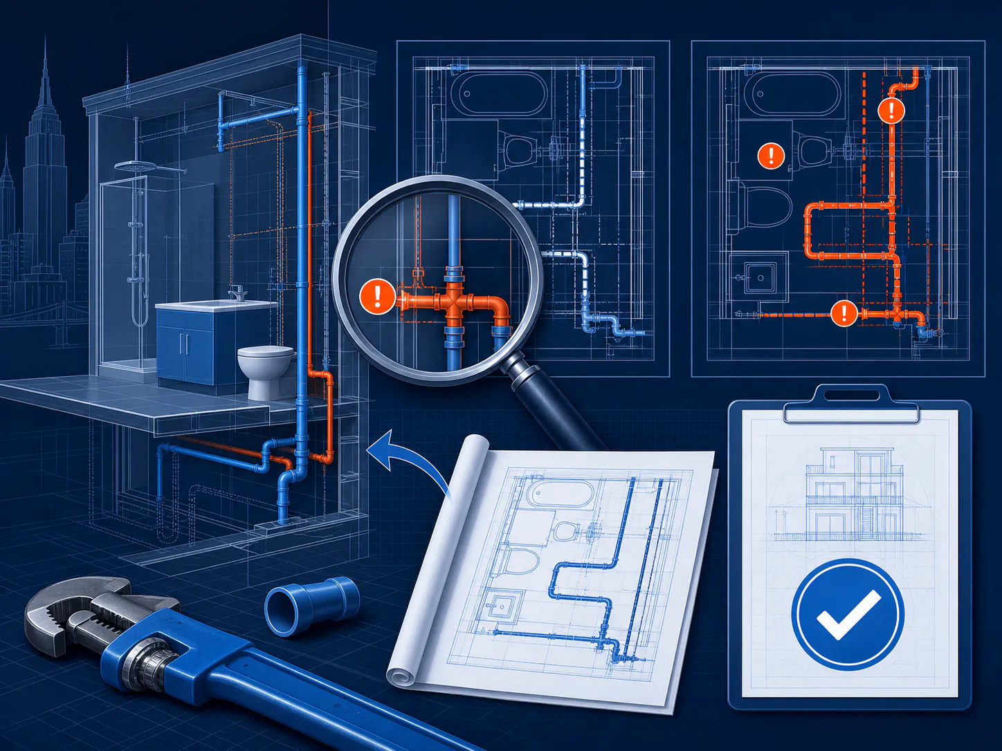 Technical illustration comparing unpermitted bathroom plumbing with corrected permit plans