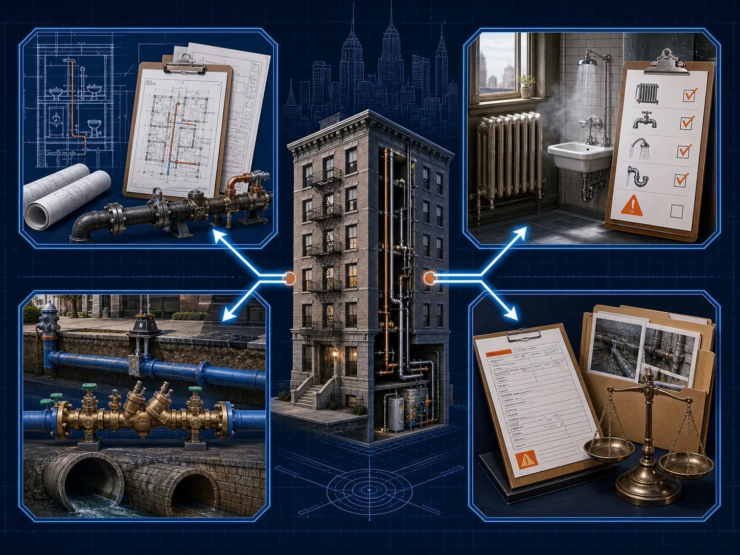 Technical blueprint illustration of an NYC apartment building connected to DOB, HPD, DEP, and OATH plumbing record paths