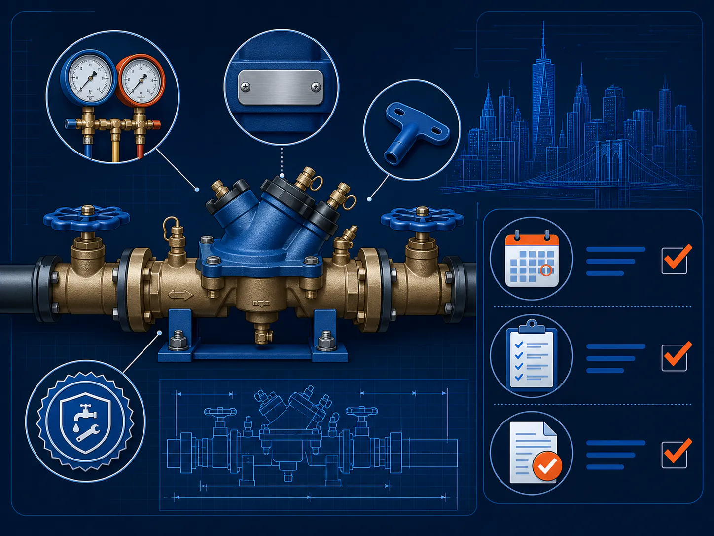 Technical illustration of an RPZ device, certified test gauges, annual calendar, and completed filing checklist