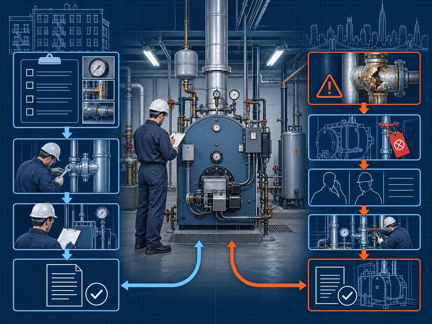 Technical blueprint showing an NYC boiler inspection splitting into a correctable-defect path and an immediate-shutdown safety path