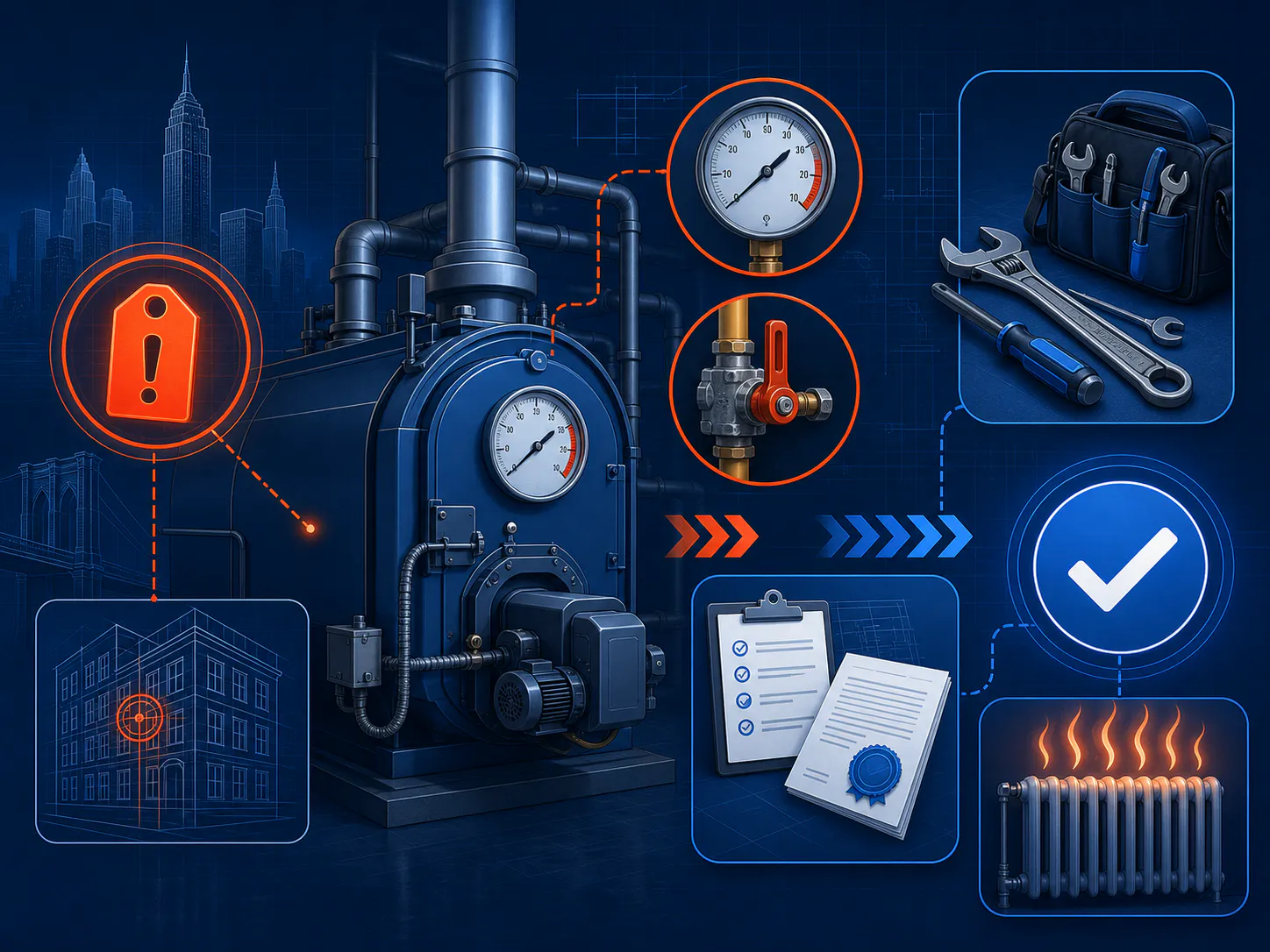 Technical illustration of a red-tagged boiler moving through repair, inspection, and restored heat