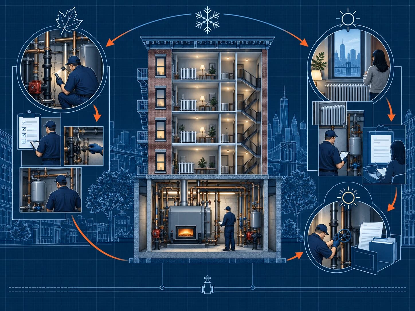 Technical blueprint of an NYC multifamily building moving through seasonal boiler startup, monitored operation, documented service, and an end-of-season shutdown handoff