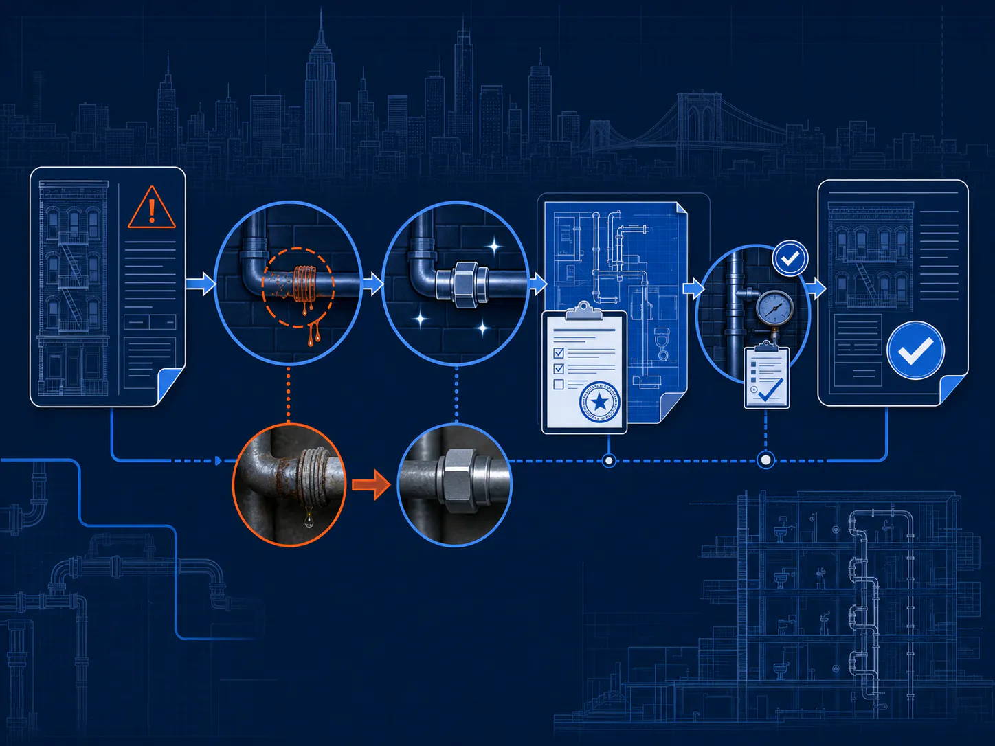 Technical illustration of a plumbing violation moving through repair, evidence, inspection, and accepted correction