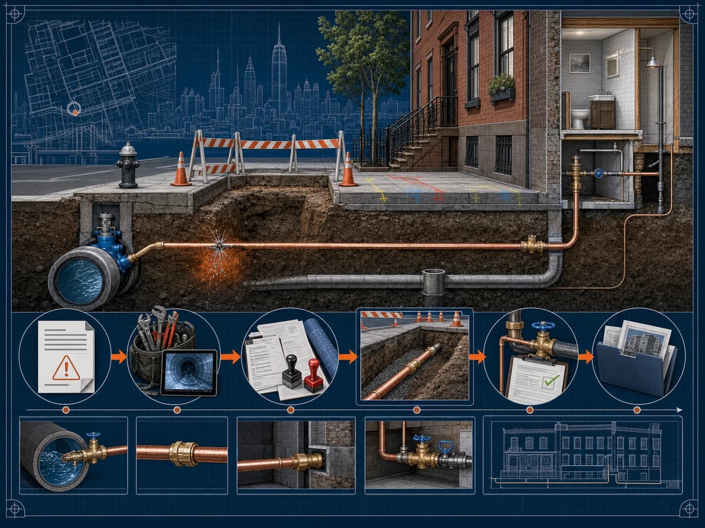 Technical blueprint of an NYC water service line leak moving from a DEP notice through licensed diagnosis, permits, excavation, repair, and owner closeout records