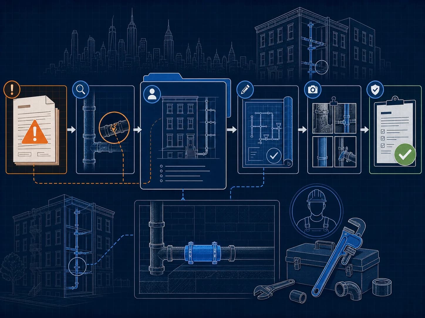 Technical blueprint illustration of a DOB plumbing violation moving through diagnosis, permit drawings, corrective piping work, evidence, and closeout