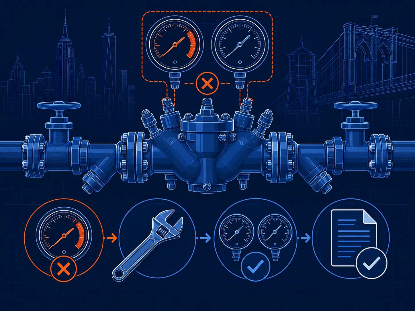 Technical illustration of a failed RPZ test moving through repair, retesting, and DEP documentation
