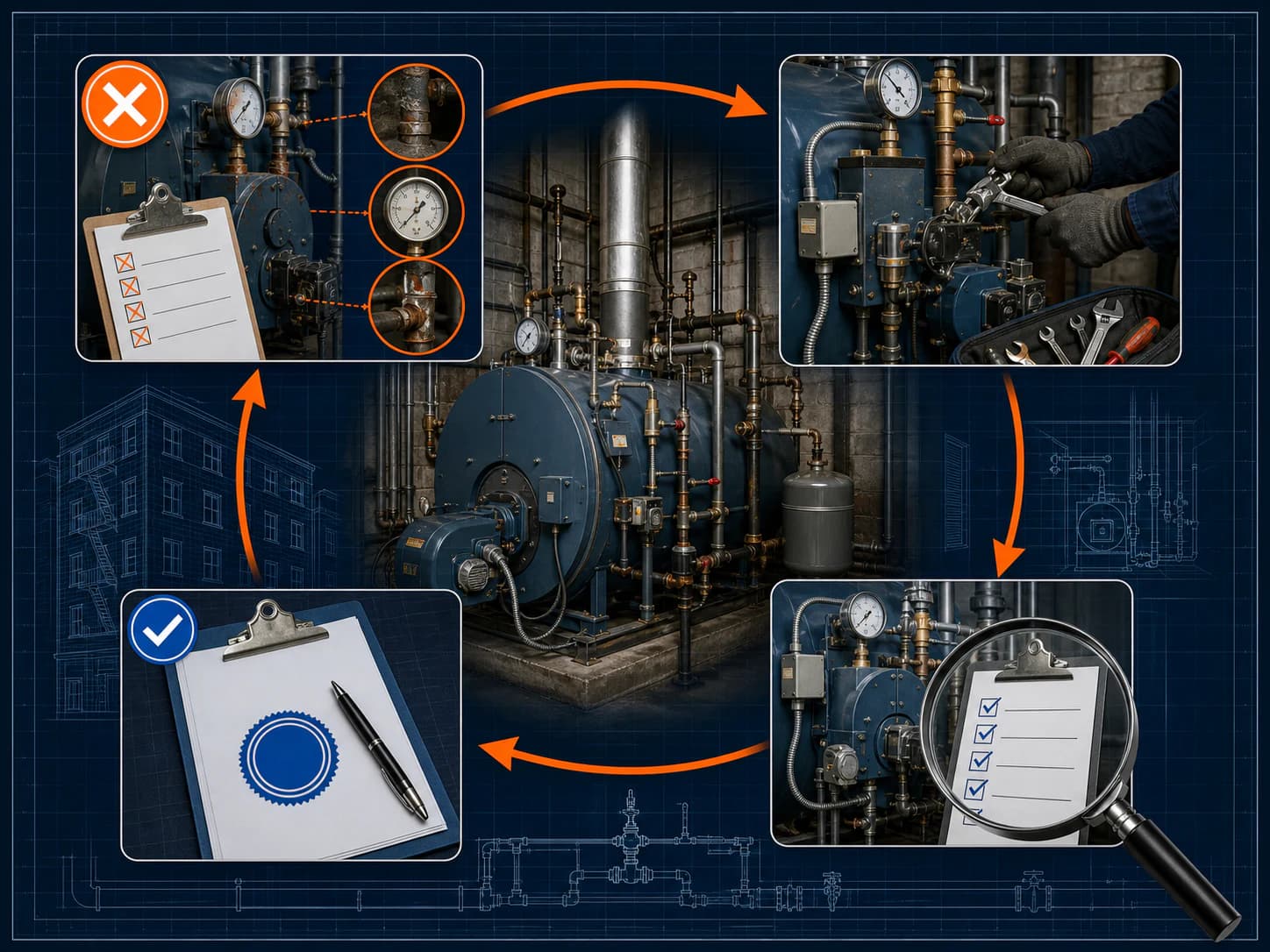 Technical blueprint workflow showing a failed NYC boiler First Test, corrective work, reinspection, and sign-off records