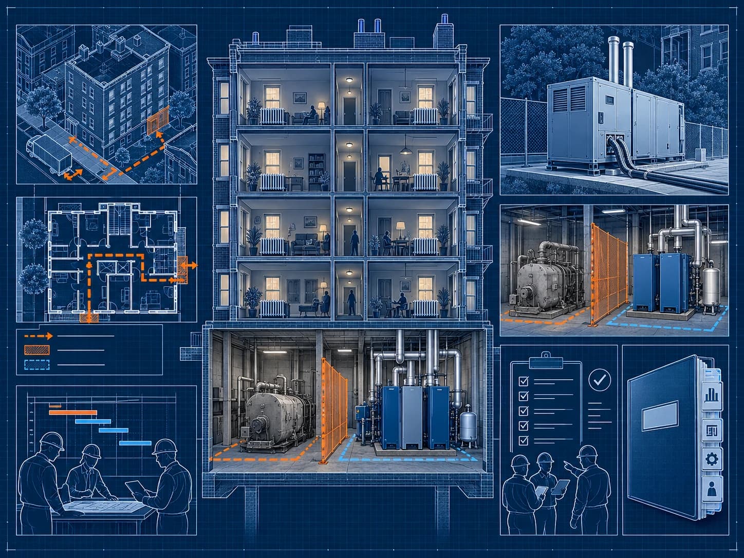 Conceptual blueprint of occupied-building heating work with access planning, temporary-service equipment, staged work areas, and handover records