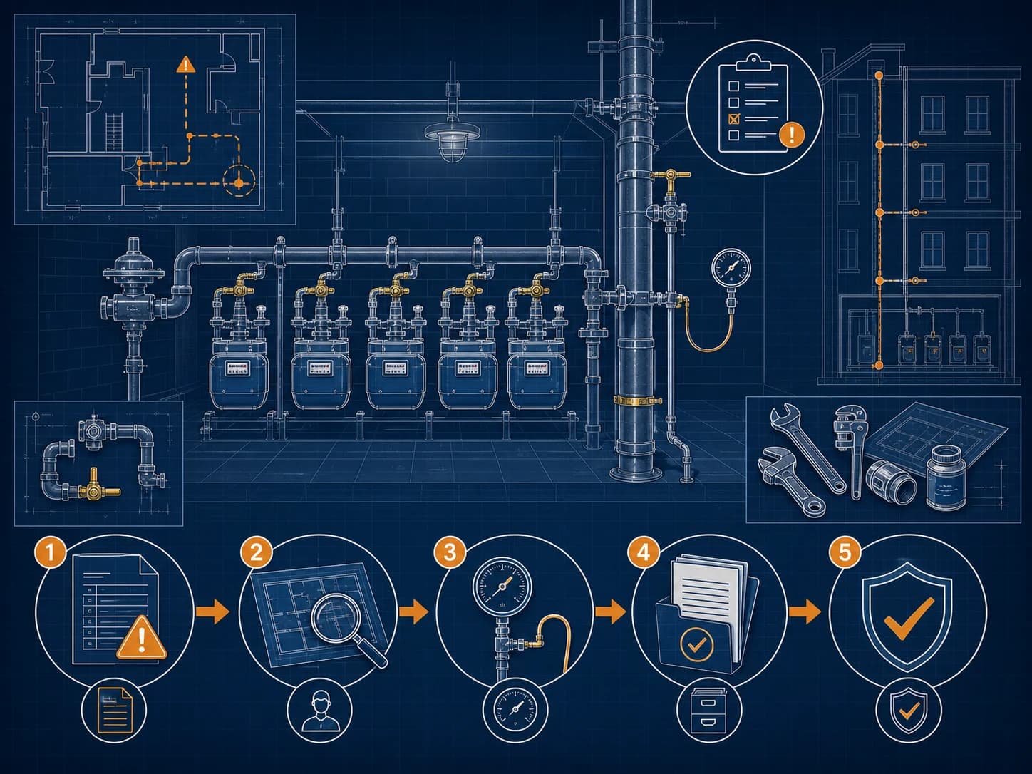 Technical blueprint illustration of a Local Law 152 gas piping violation moving through LMP review, pressure testing, filing, and restored compliance