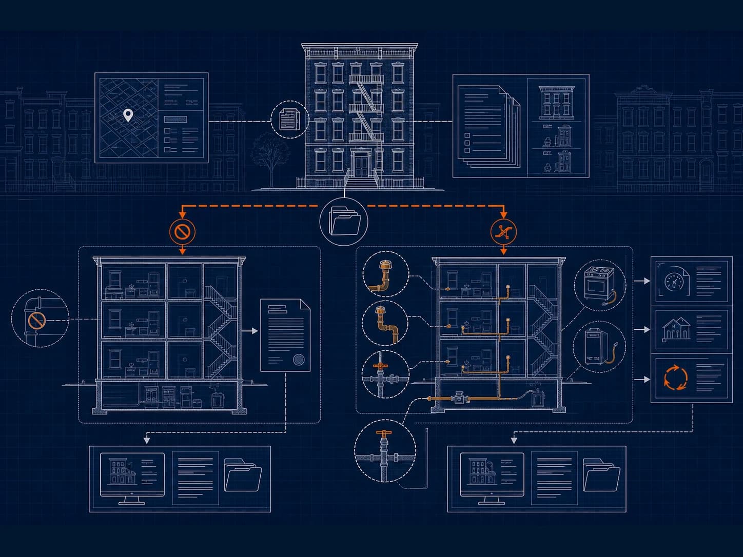 Technical blueprint comparing the one-time Local Law 152 no-piping certification with the recurring inactive-gas-service documentation path
