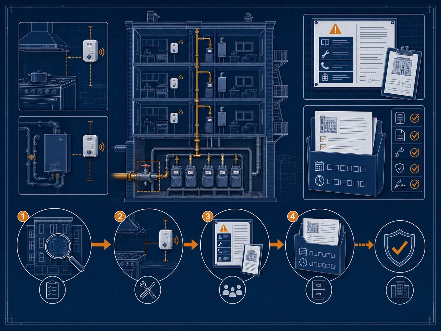 Technical blueprint illustration of Local Law 157 gas detector compliance with apartment alarm placement, owner notices, recordkeeping, and final review