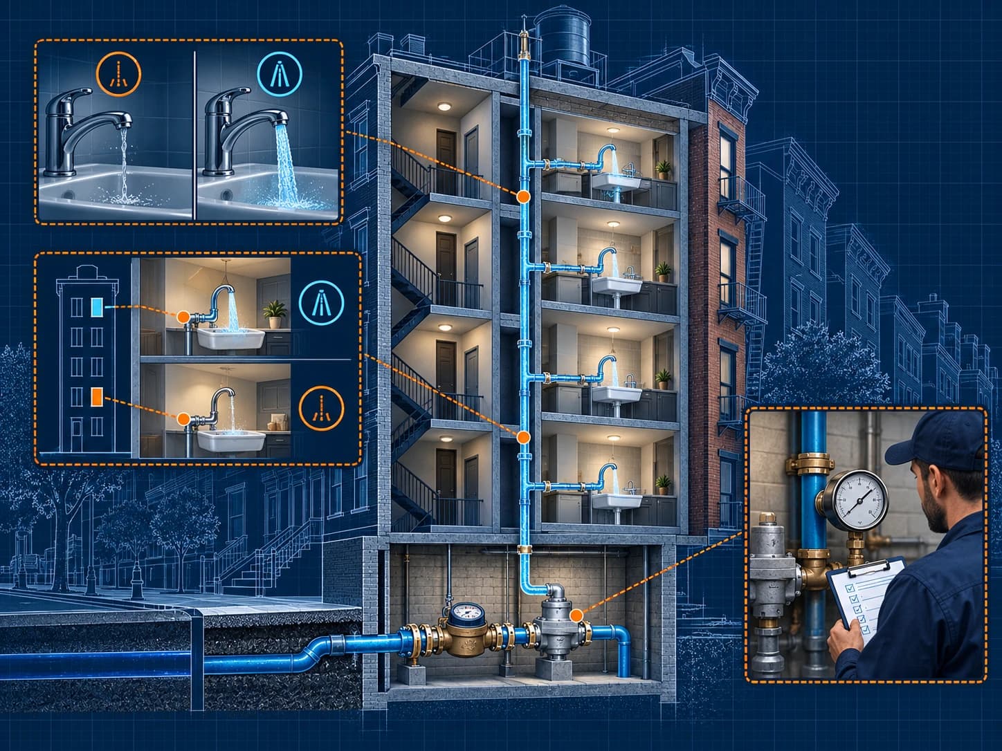 Conceptual blueprint of a multifamily water system with fixture and floor comparisons and a professional recording pressure observations
