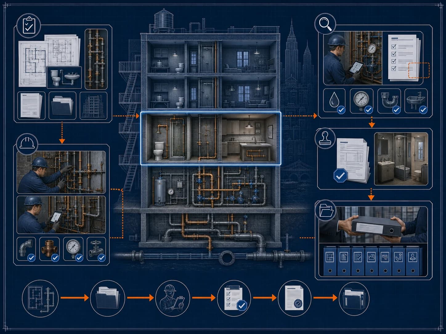 Technical blueprint of an NYC co-op plumbing alteration moving from approved scope through inspection and board closeout records