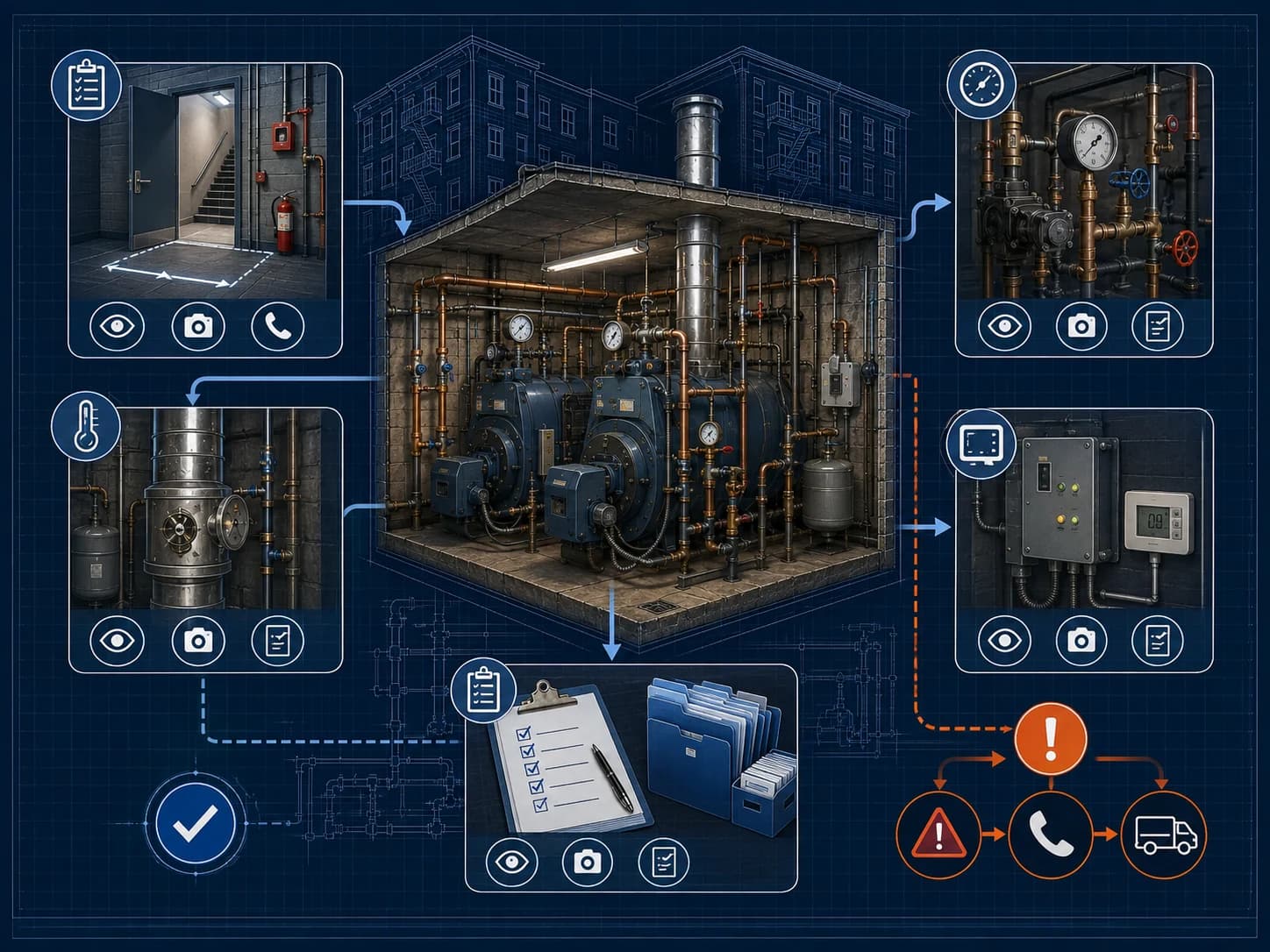 Technical blueprint of a multifamily boiler room with manager checkpoints for access, equipment, controls, records, and escalation