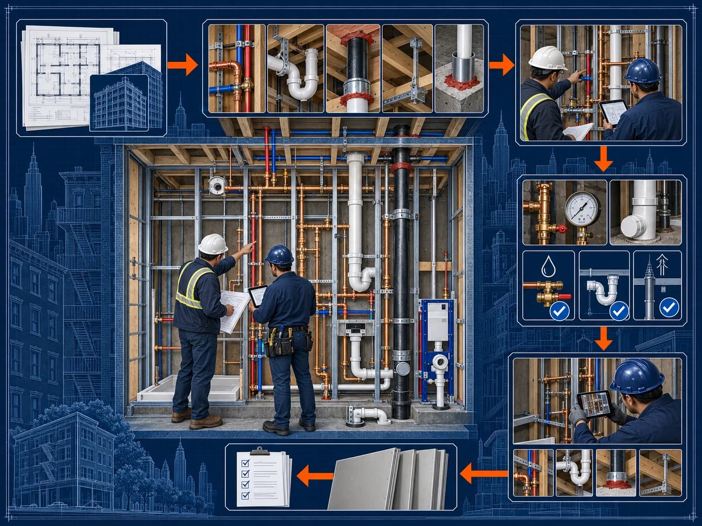 Technical blueprint of an NYC plumbing rough-in checkpoint with open walls, approved drawings, piping tests, inspection records, and coordinated wall closure
