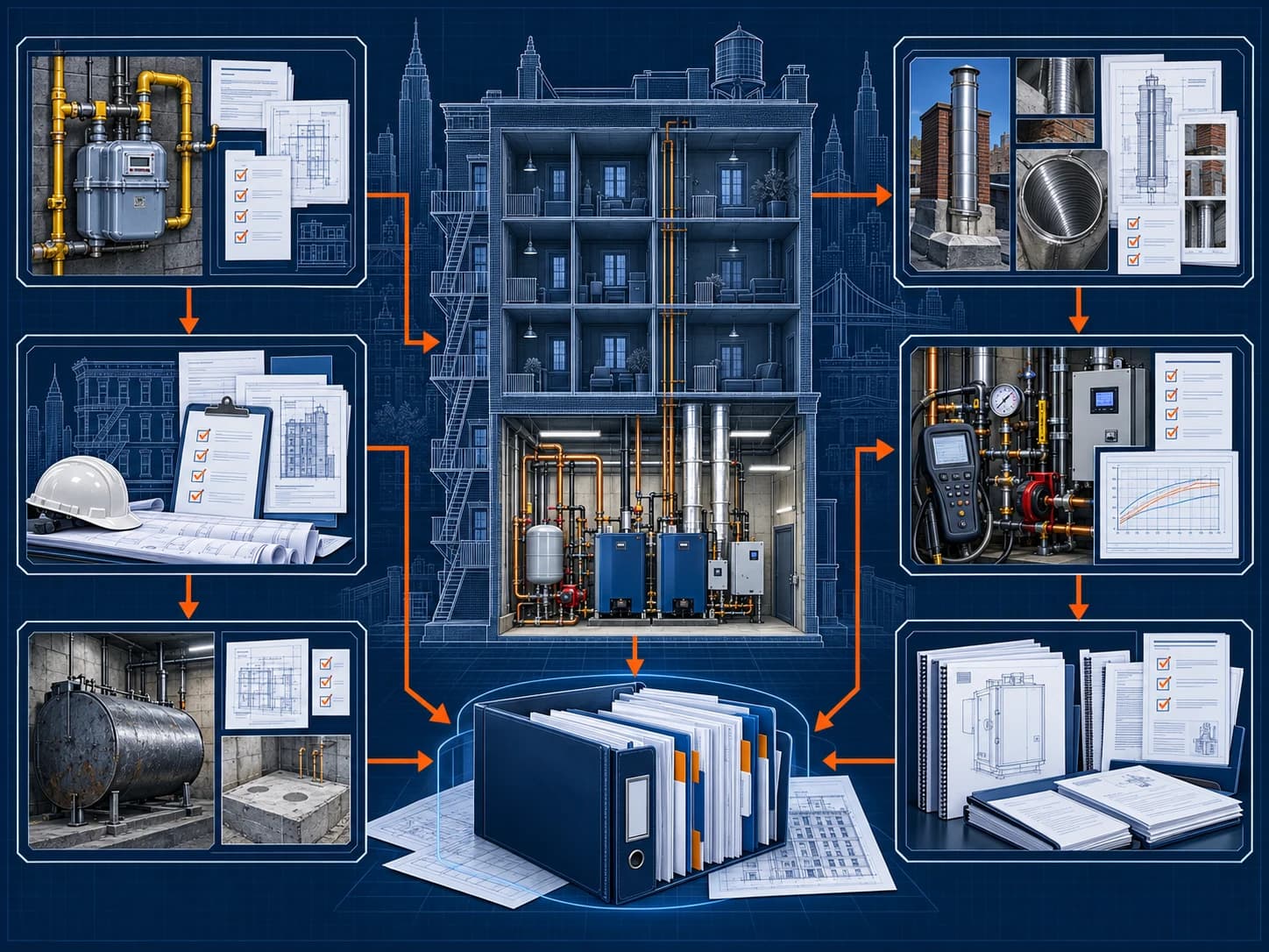 Technical blueprint of an NYC oil-to-gas conversion closeout file linking utility acceptance, DOB sign-off, chimney, tank, commissioning, and owner records
