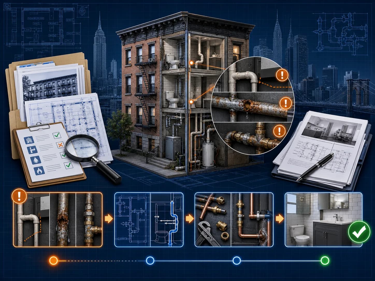 Technical blueprint illustration of NYC property sale due diligence revealing plumbing defects, records, and correction steps