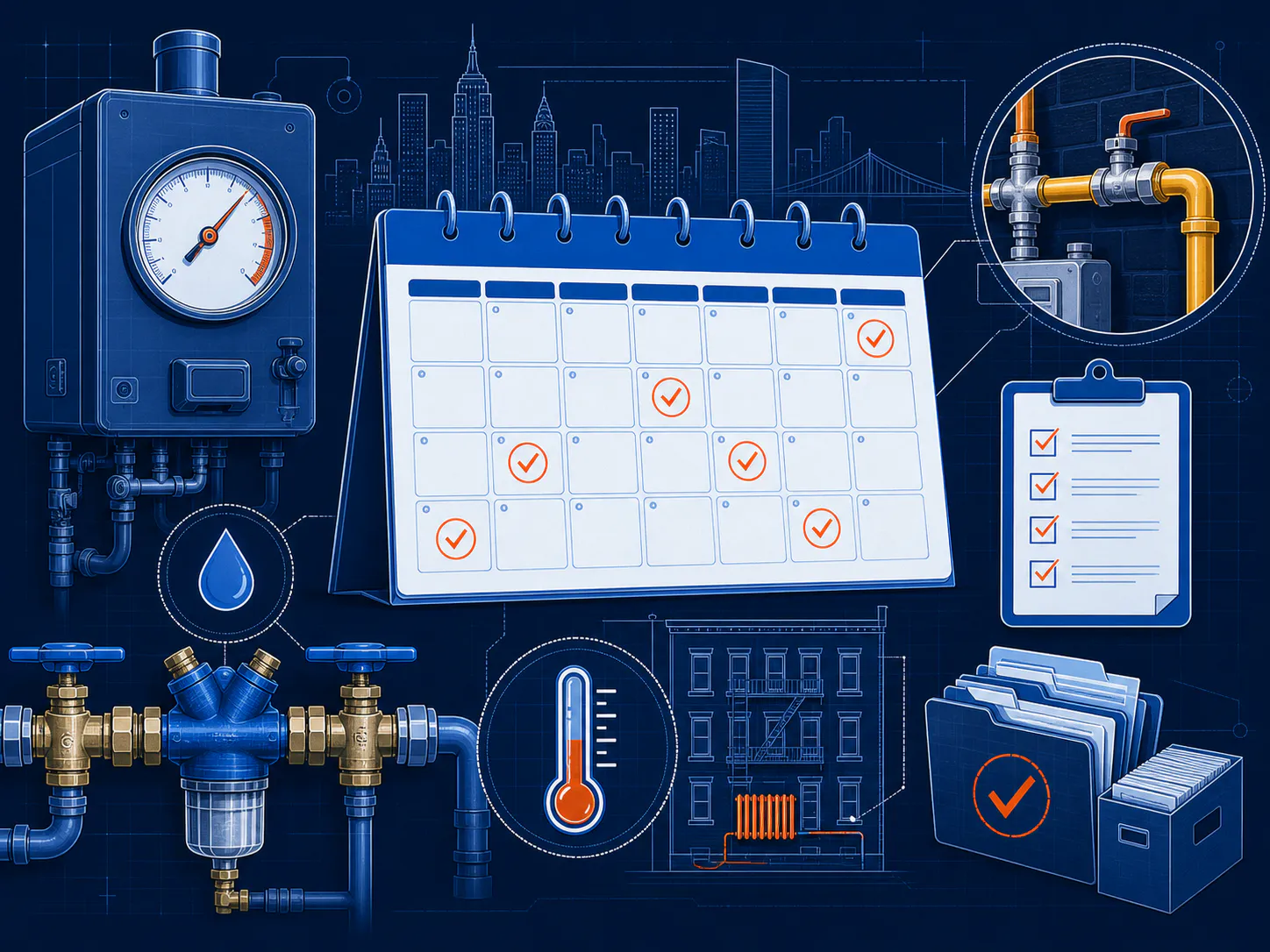 Technical illustration of a property compliance calendar connecting boiler, gas, backflow, heat, and filing tasks