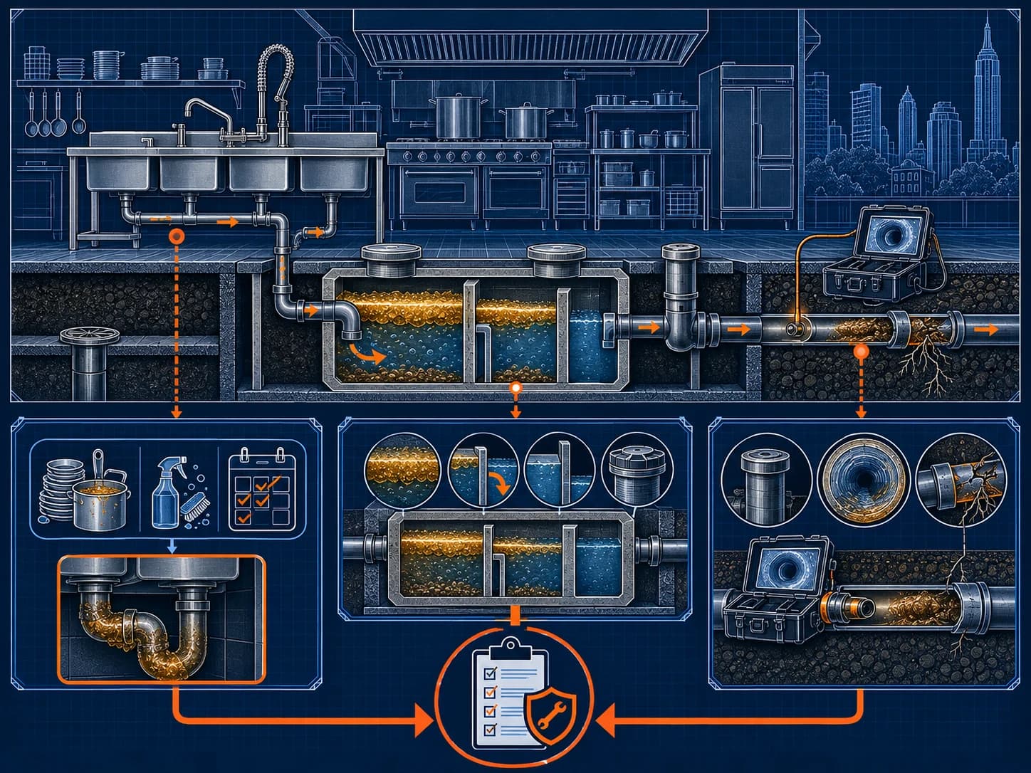 Technical blueprint of a restaurant kitchen waste system comparing operating records, grease-interceptor condition, and downstream pipe inspection