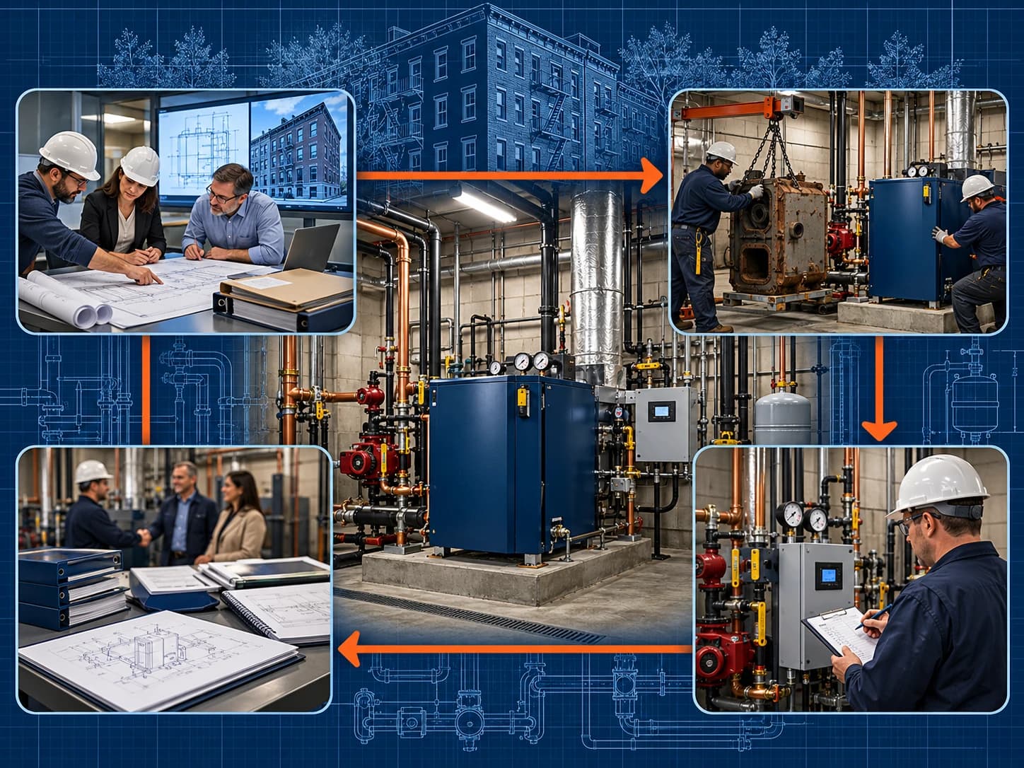 Technical blueprint workflow showing an NYC boiler replacement moving from approved scope and licensed installation through First Test inspection and owner turnover records