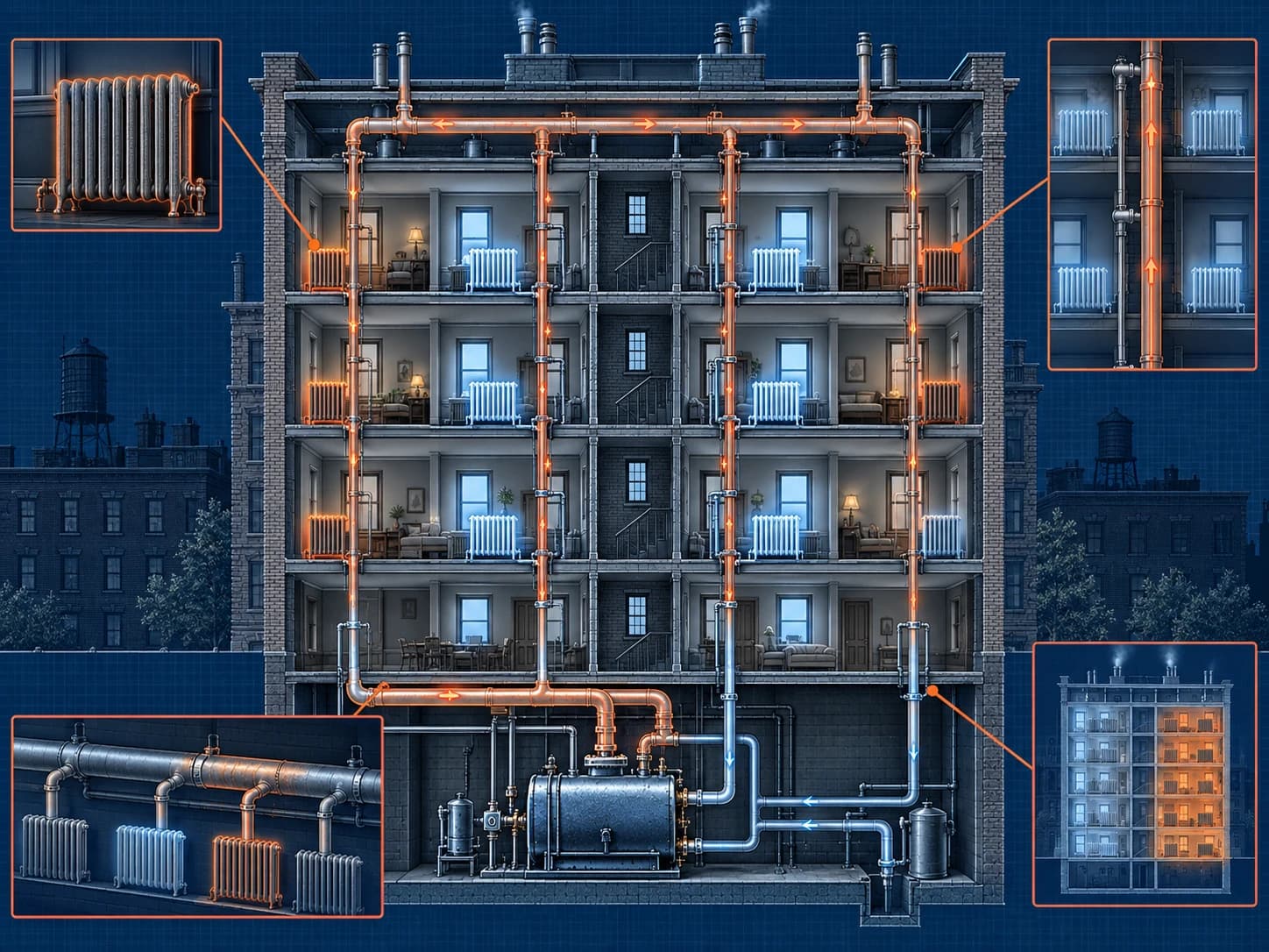 Technical blueprint cutaway of an NYC steam-heated building with room-by-room radiator patterns, steam mains, risers, boiler, and condensate return